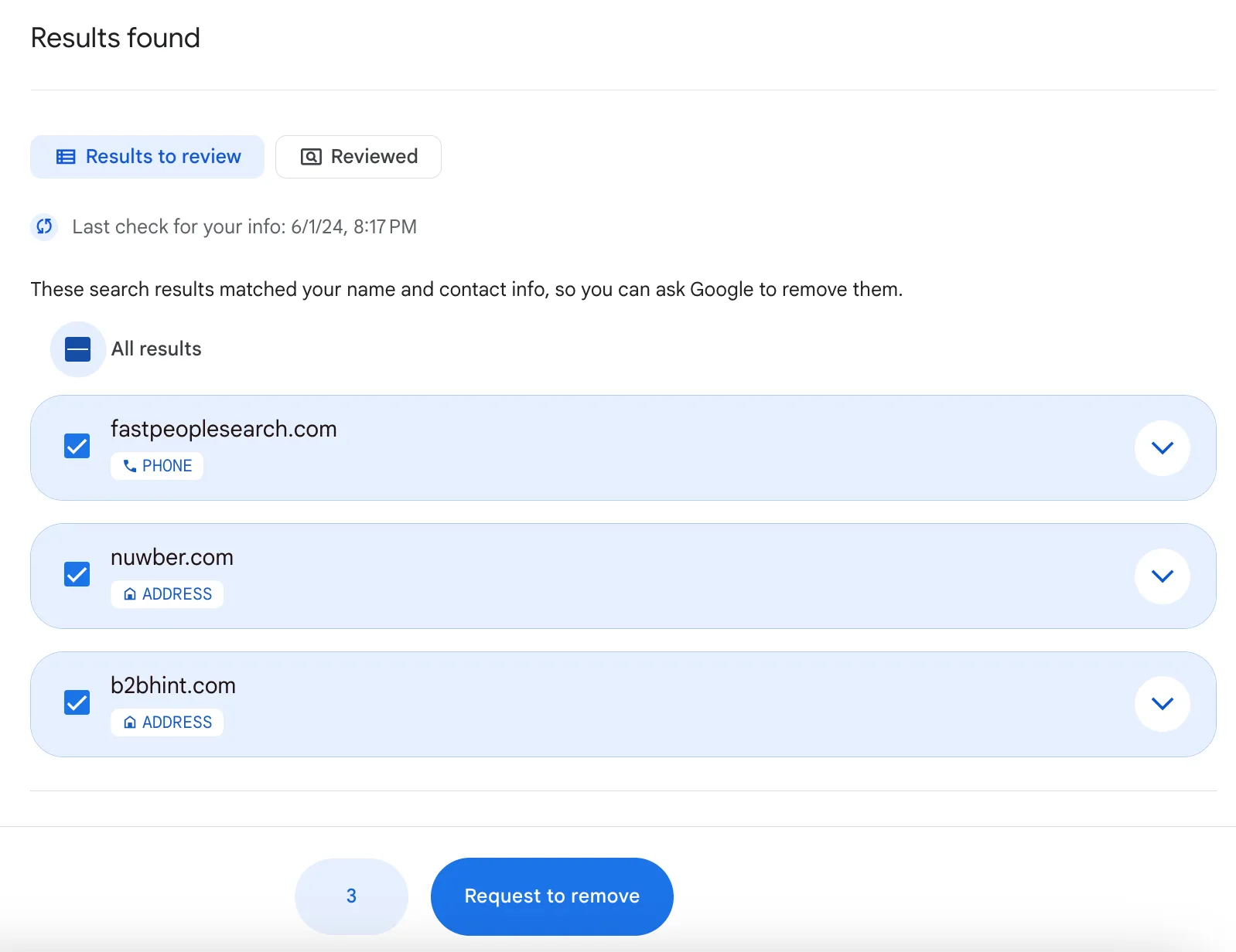 Screenshot of Google’s Results about you tool showing where personal information, including phone numbers and home addresses, was found online.